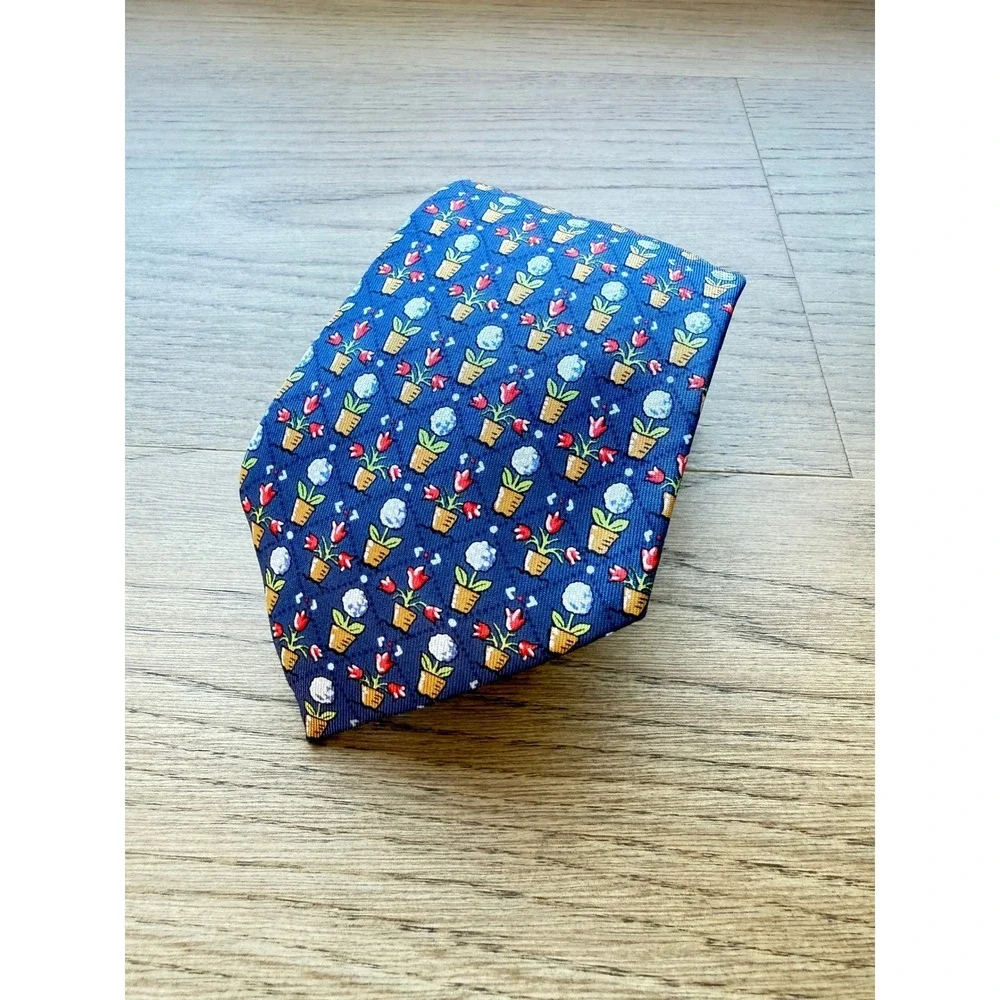 Hermes Paris Mens Blue‎ Silk Tie Potted Flowers Topiary Floral 7692 OA France
